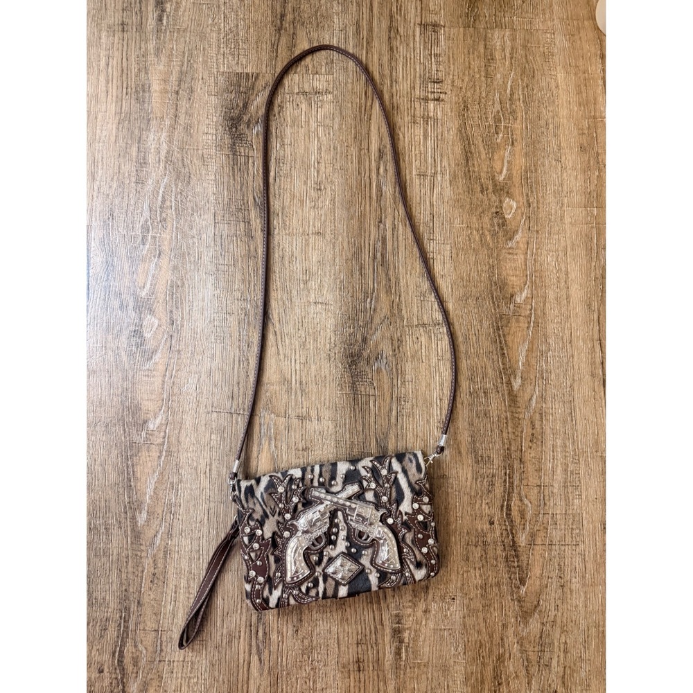 Cowgirl Trendy Zebra Print Pistol Crossbody Wristlet Bag Brown Silver Rhinestone